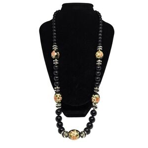 Vintage Black Beaded Cloisonné Floral Necklace Gold Tone Spacers Statement 24"